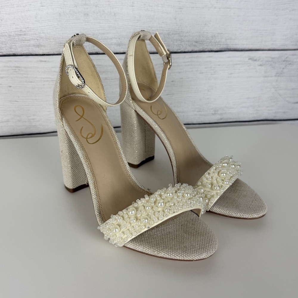 SAM EDELMAN Yaro Perla Beaded Block Heel Sandals Ivory US Size 7.5 Wedding Party